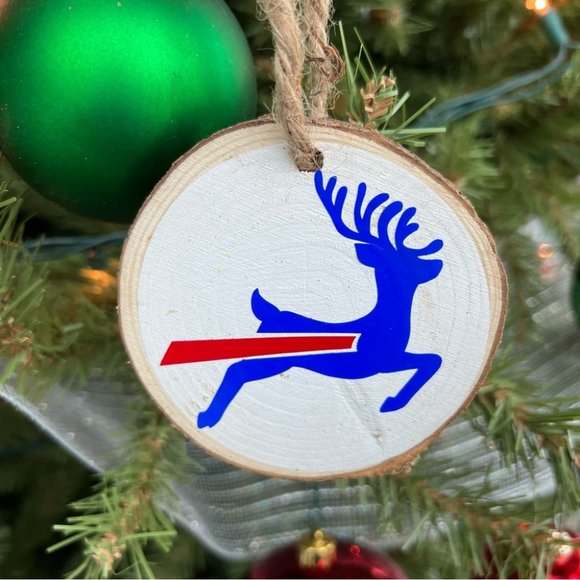 Buffalo Bills Football Reindeer Authentic Wooden Log Holiday Ornament HANDMADE - Picture 1 of 5